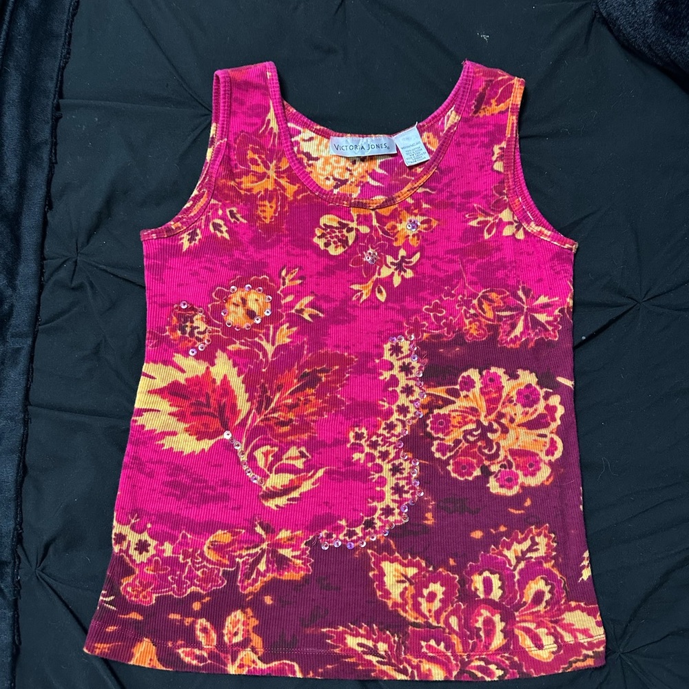 Victoria Jones Y2K Pink and Orange Floral Tank Top with Sequins